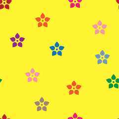 Colorful seamless pattern with many flowers on yellow background. Vector illustration.