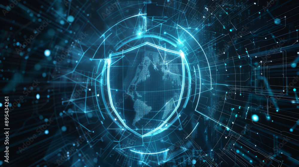 Poster wireframe of cybersecurity shield data protection and privacy. concept cybersecurity, data protectio