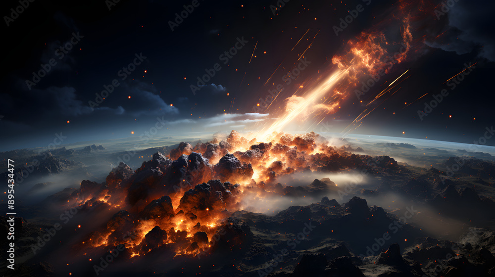 Poster a fiery meteor streaks across the sky, impacting a distant planet and causing a massive explosion. t