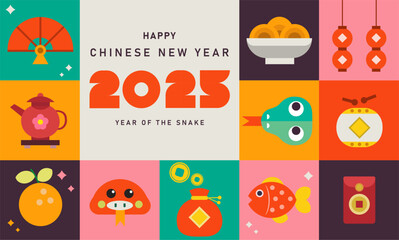happy new year 2025, Chinese new year, year of the snake, Chinese zodiac snake in geometric flat modern style, Chinese new year elements. Colorful illustration in flat vector cartoon style