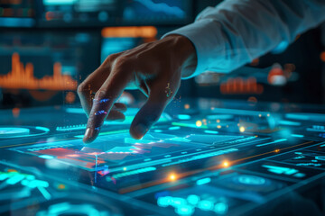 hand is touching hologram screen in front of a desk