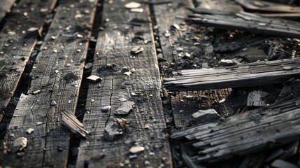 Close-up of the damaged boardwalk in Biscuit Basin after the hydrothermal explosion, pieces of wood and debris on the ground, Portrait close-up, hyper-realistic, high detail, photorealistic, studio