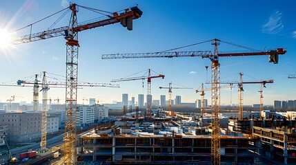 Majestic cranes dominating the skyline as a city undergoes dynamic construction and transformation
