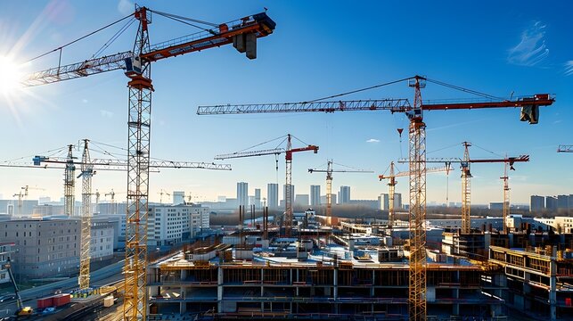 Majestic cranes dominating the skyline as a city undergoes dynamic construction and transformation