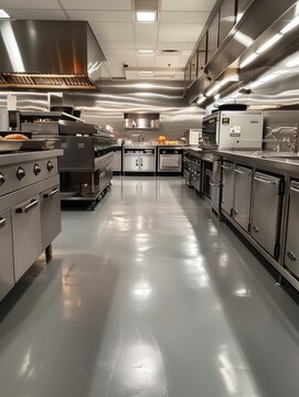 A large kitchen with stainless steel appliances and a shiny floor