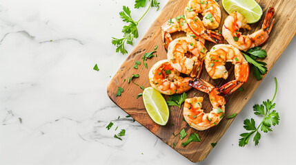 Sliced grilled shrimp on a wooden chopping board with a side of fresh herbs and lime
