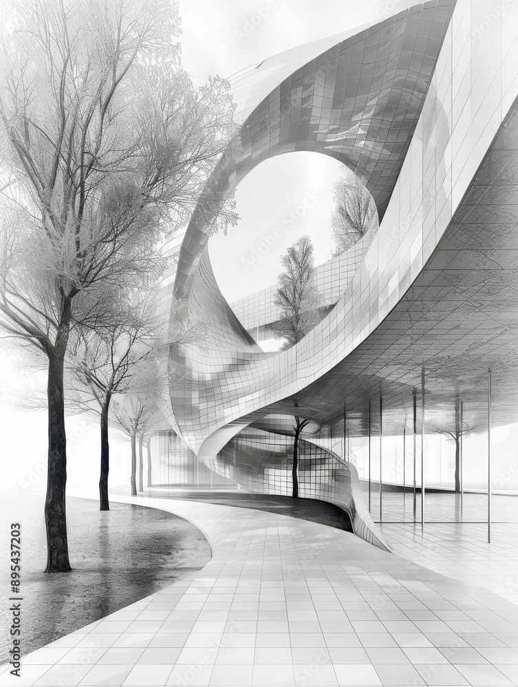 Poster a large, curved building with trees in the background