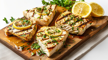 Sliced grilled swordfish steak on a wooden chopping board with lemon slices and fresh herbs