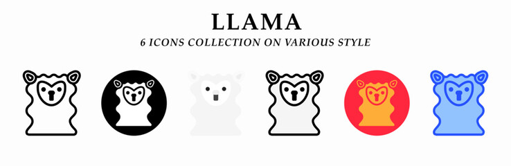 Llama icons collection. 6 Various styles. Lineal, solid black, flat, lineal color and gradient. For sign, symbol, presentation, infographic or web graphics. Vector Illustration