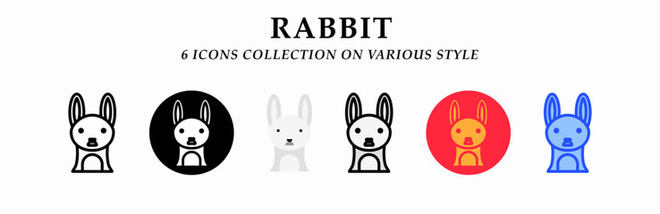 Rabbit icons collection. 6 Various styles. Lineal, solid black, flat, lineal color and gradient. For sign, symbol, presentation, infographic or web graphics. Vector Illustration.