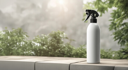 white spray bottle mockup empty plastic sprayer outdoor plants with blank space. 3d render. ai generative