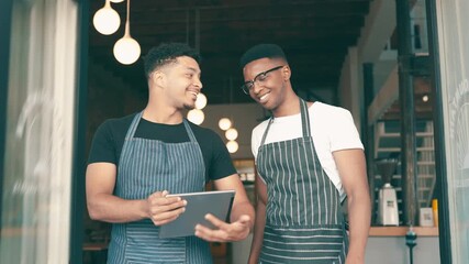 Cafe, business owner and teamwork on tablet for restaurant ideas, management and planning startup at door. People, waiter or barista training and collaboration on digital technology for coffee shop