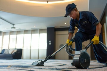 Obraz premium Asian cleaning service staff vacuuming a carpet, Generative AI