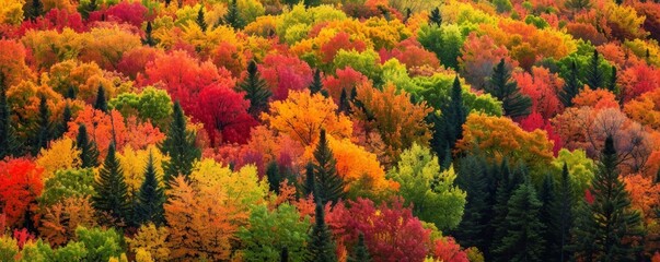 Wide-angle view of a vibrant autumn forest, trees ablaze with color, panoramic perspective, Outdoors, Autumn Glorycopy space for text, focus cover all object, deep dept of filed