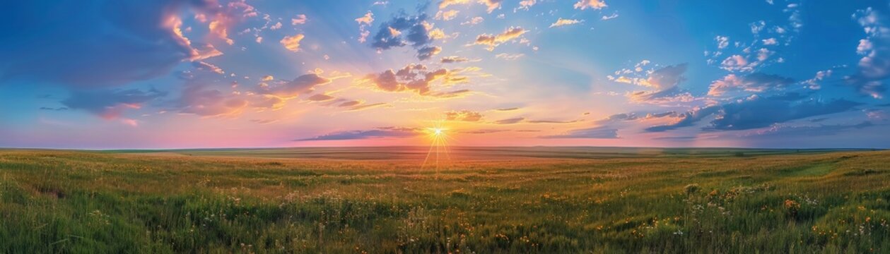 Vast prairie with a vibrant sunset sky, endless horizon, Environment, Prairie Sunsetcopy space for text, focus cover all object, deep dept of filed