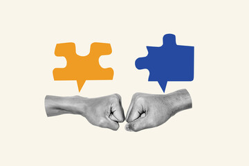 Two hands are shown with fists raised, one blue and one orange