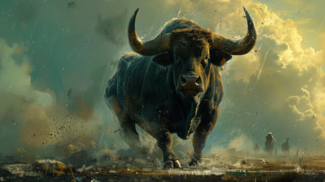 Create an image showcasing the strength, majesty, and cultural significance of bulls, emphasizing their power and diverse roles in various cultures and environments. 