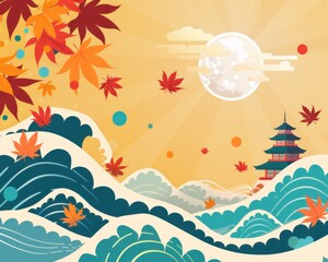 Obraz premium Japan autumn scene, leaves and waves background, flat design illustration