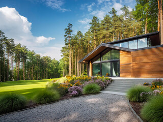 Fototapeta premium Einfamilienhaus mit Garten im Wald