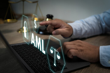 Anti Money Laundering (AML) Businessman judge in office with finance money crime Anti money laundering financial bank currency