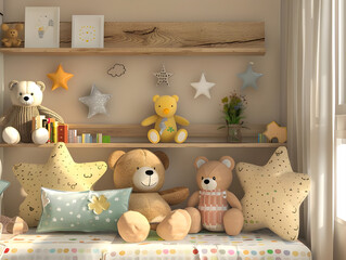 3D rendering Interior of children room, Kids' bedroom design in 3D, Playful room decor for children, Cozy nursery visualization, Child-friendly interior layout