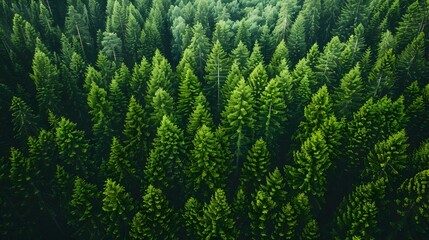 Fototapeta premium Lush Green Evergreen Forest Canopy Aerial View from Above Scenic Backdrop