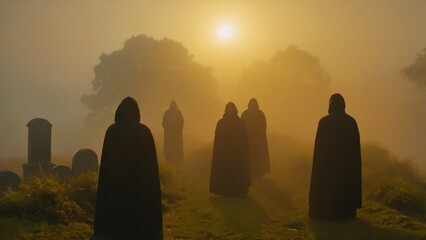 Generative AI, Secretive Ritual Gathering, Hooded Figures in a Misty Forest with Fallen Leaves on the Ground