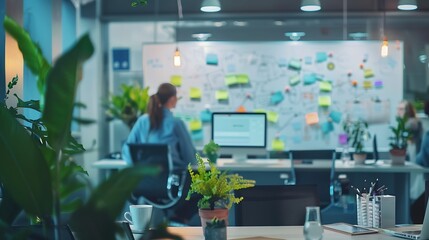 A team of SEO specialists brainstorming in a modern office with a whiteboard filled with keywords search intent diagrams and strategy notes in the background reflecting their collaborative work