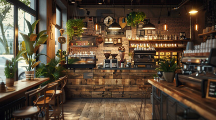 cozy café interior, oak flooring, brick and wood walls, 