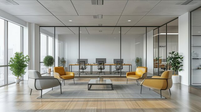 Bright and modern office space with branding and ample copy space, professional design, inspire