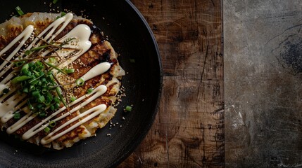 Tasty Japanese Okonomiyaki Savory Pancake with Okonomiyaki Sauce, Mayonnaise, Bonito Flakes, and Green Onions on Wooden Table Background - Detailed Food Photography