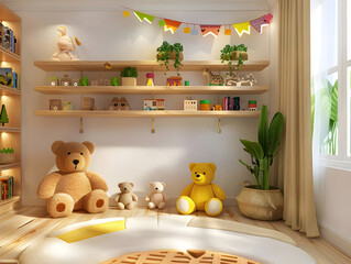 3D rendering Interior of children room, Kids' bedroom design in 3D, Playful room decor for children, Cozy nursery visualization, Child-friendly interior layout