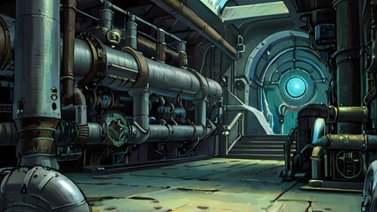 ゲーム背景　スチームパンク世界の飛空艇ボイラー室と制御室