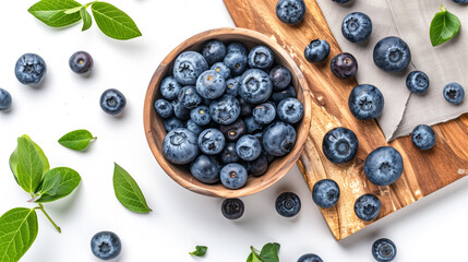 Blueberry pieces filled in bowl placed on chopping board, fresh blueberries outside