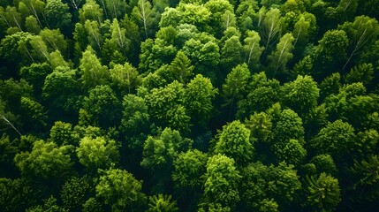 Fototapeta premium Lush Green Forest Canopy Aerial View from Drone with Clear Space