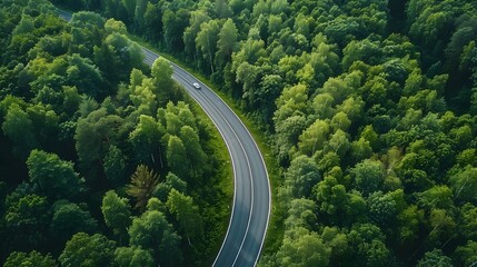 Aerial View of Winding Forest Road Through Lush Green Landscape