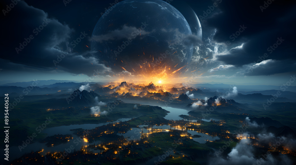 Poster a distant planet is consumed in flames, casting an orange glow on the surrounding mountains as the p