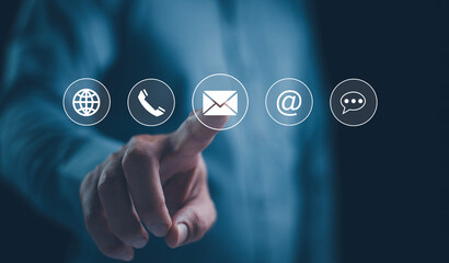 Customer Service Call Center, Contact US, Support Hotline, Businessman touches virtual...