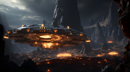 A futuristic spaceship hovers over a rocky landscape, illuminated by glowing orange lights. The alien world is shrouded in darkness, with towering cliffs and a sense of mystery.