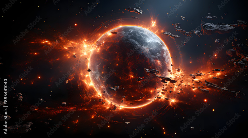 Poster a fiery planet explodes in space, surrounded by glowing debris and sparks. the intense heat and ener
