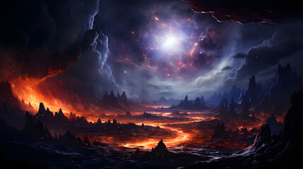 A fiery, otherworldly landscape with a blazing sky filled with stars and a massive orb. Molten lava flows through a cracked, rocky terrain.