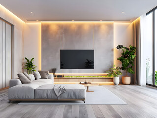 3D rendering Interior of modern living, Contemporary living space in 3D, Stylish lounge area with furniture, Cozy living room visualization, Elegant interior design concept