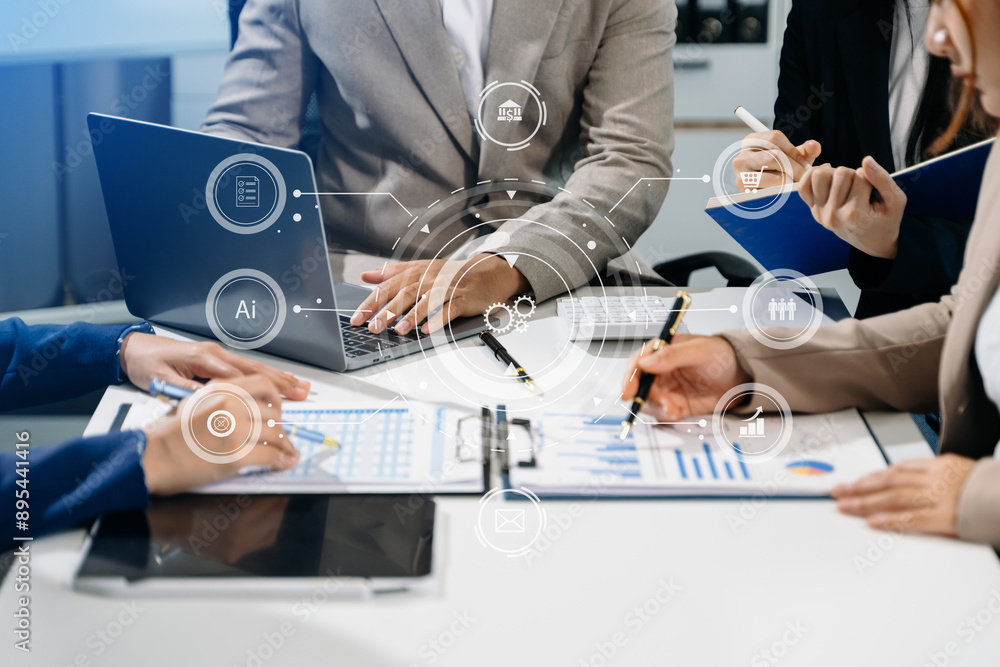 Poster working team meeting concept, business using laptop and smart phone and digital tablet computer with