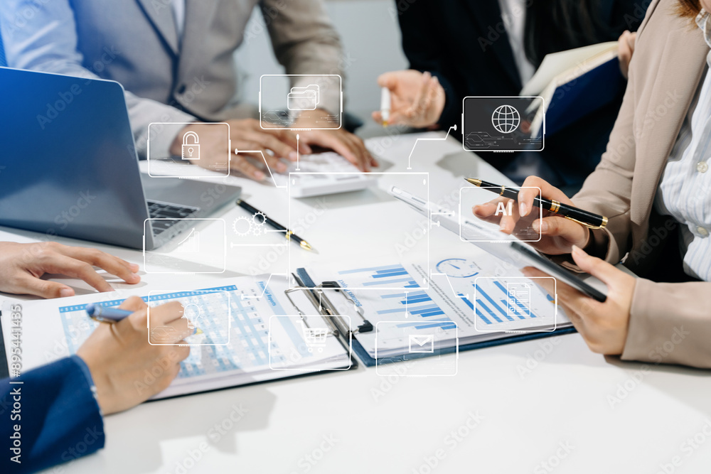 Poster working team meeting concept, business using laptop and smart phone and digital tablet computer with
