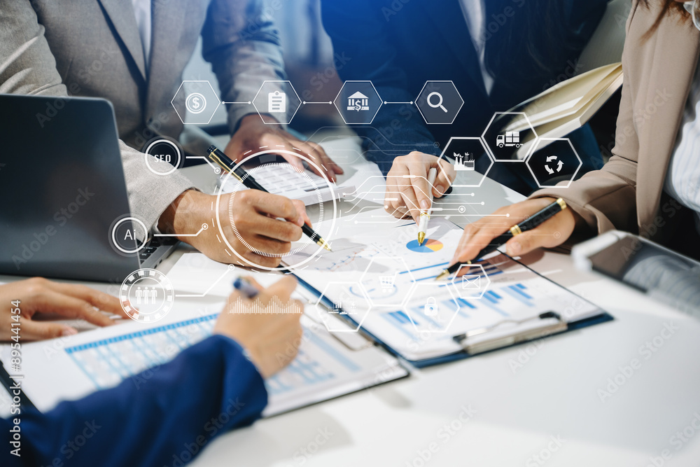 Poster working team meeting concept, business using laptop and smart phone and digital tablet computer with