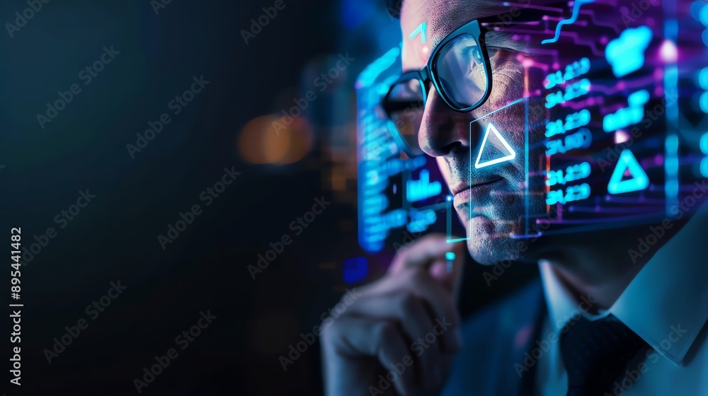 Poster a focused professional analyzing digital data with futuristic graphics, demonstrating technology and