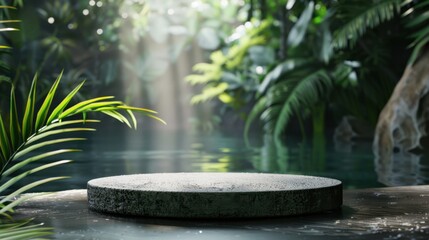 Round rock podium in an abstract wild nature scene, offering a pedestal for cosmetic product mockups