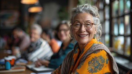 Obraz premium Smiling elderly woman in patterned shawl and glasses, seated in a cozy cafe with natural light and blurred background.