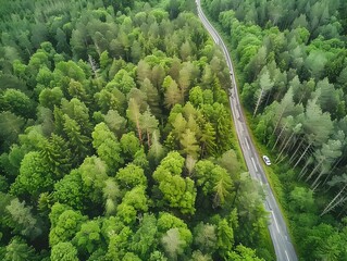 Aerial View of Lush Green Forest with Winding Road Cutting Through the Landscape