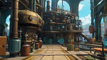 ゲーム背景　スチームパンク世界の飛空艇ボイラー室と制御室